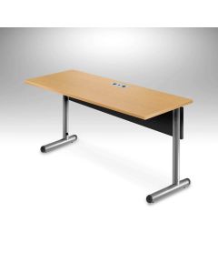 60" wide Computer Lab Tables with power and data in laminate and PVC trim modesty panel and offset round post legs