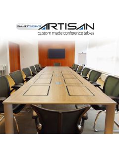 Custom wood conference table with post legs concealed monitor mounts power and data