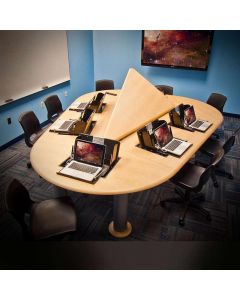 Conference table for 5 to 7 users with concealed monitor mounts and cpu storage with hinged lid in thermofoil finish
