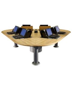 Triangular computer conference table with laminate finish and concealed monitor mounts