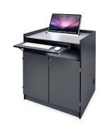 Semi Recessed Multimedia Podium for iMac and All-In-One Computer in laminate with keyboard tray and locking bay storage