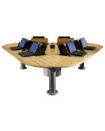 Triangular computer conference table with laminate finish and concealed monitor mounts